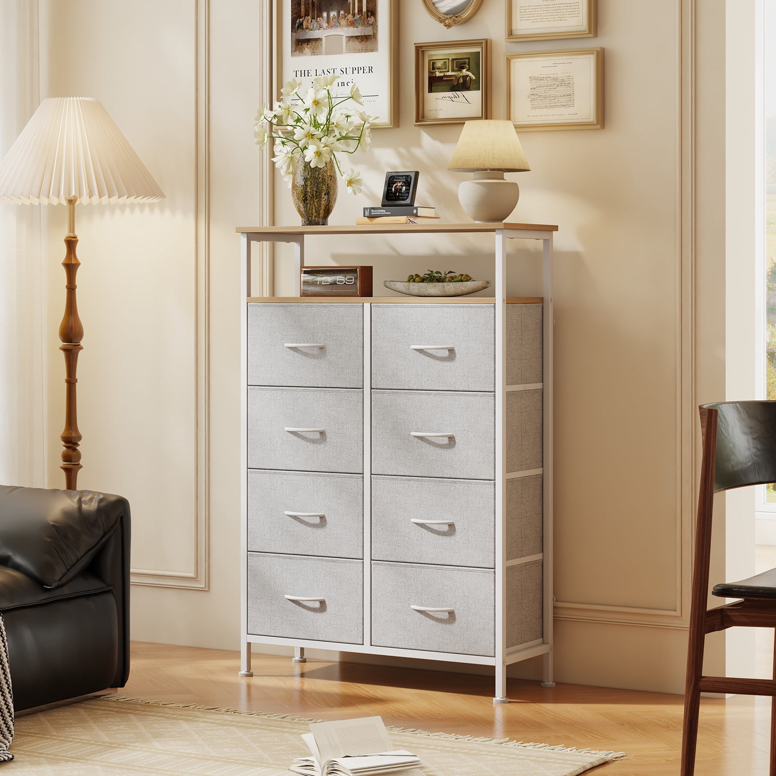 CONCETTA 8-Drawer Fabric Storage Cabinet, Open Shelf, 45.9-inch Tall Organizer for Bedroom Closet Organization, Living Room, Hallway, Light Gray