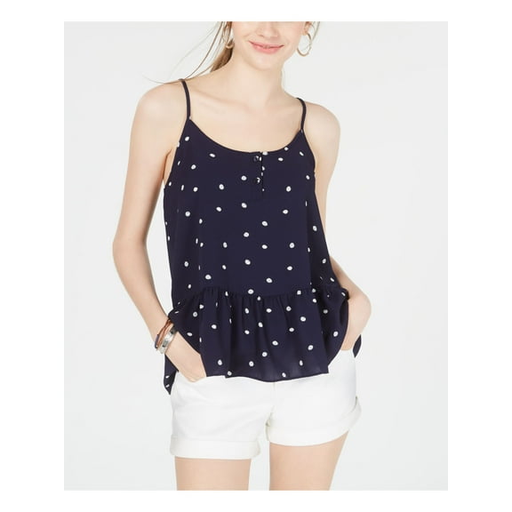 HIPPIE ROSE Womens Navy Polka Dot Spaghetti Strap Peplum Top Juniors Size: S