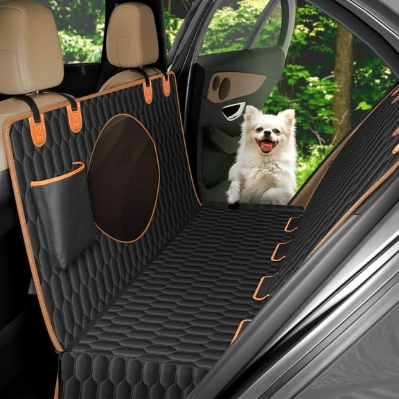 OKMEE Dog Car Seat Cover, 100% Waterproof Dog Seat Cover with Big Mesh Window, 2 Seat Belts, Storage Pocket, Non-Scratch Nonslip Pet Seat Cover, Dog Hammock for Cars Trucks and SUV