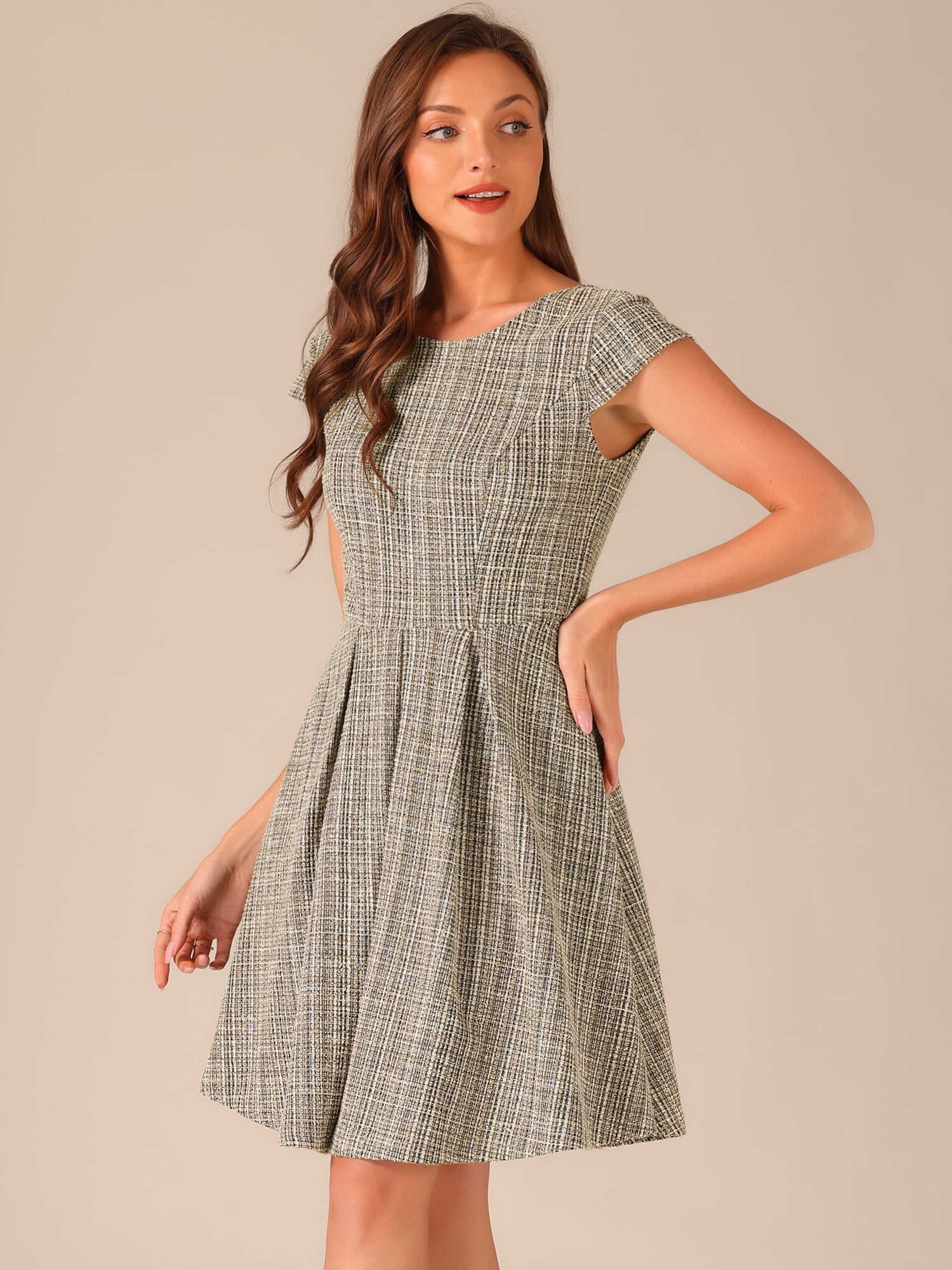 DARING DIVA Women's Tweed Cap Sleeve A Line Vintage Pleated Dresses M Black Brown
