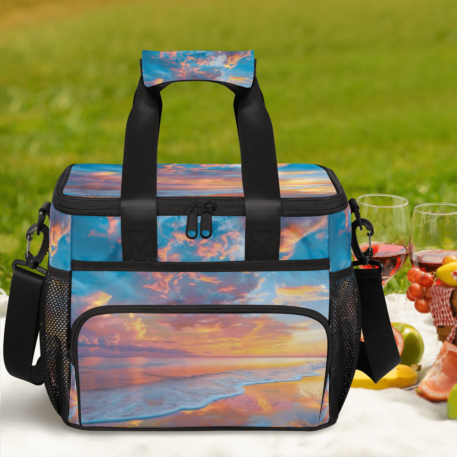 Herdesigns Hawaiian Beach Themed Large Lunch Box for Adults Women Men with Adjustable Shoulder Strap, Insulated Reusable Lunch Bag Leakproof Cooler Tote Bag