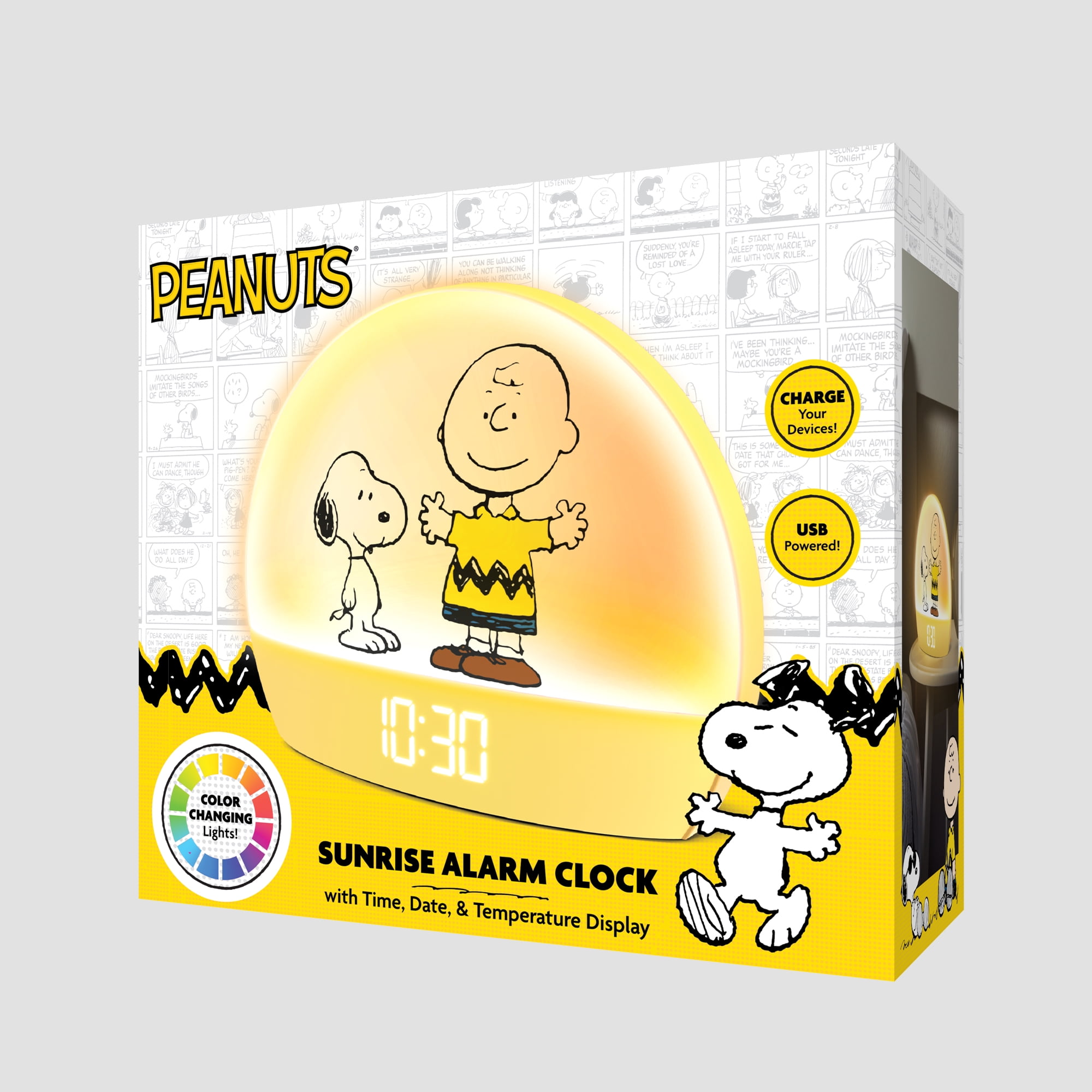 Peanuts Snoopy Sunrise Alarm Clock – Vibrant Snoopy Edition with Multicolor Lights, USB Charging, LED Display, Gentle Wake-Up Simulation, and Handy Snooze Function, Yellow