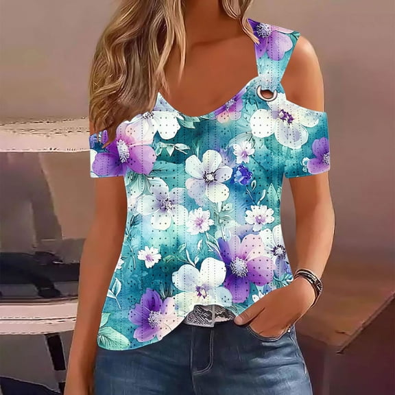 Vmvidoty Cold Shoulder Tops for Womens Summer Clothes Oversized Shirts Floral Printed Plus Size Blouse Blue XL