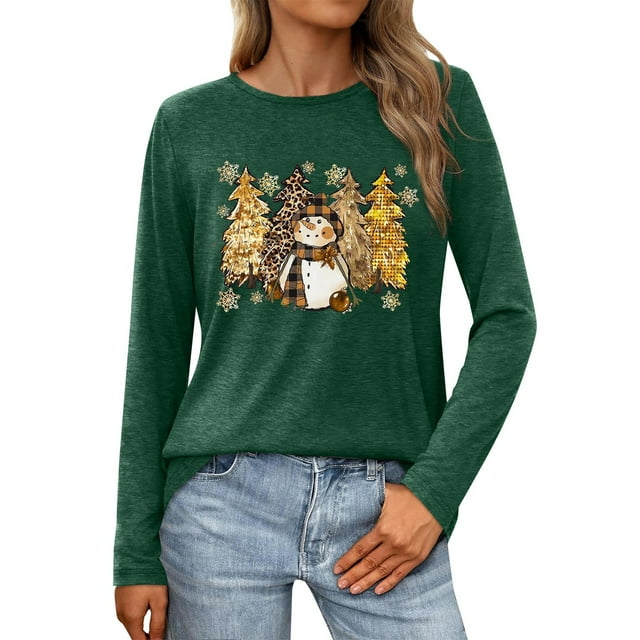 SNKSDGM Hauts à Manches Longues pour Femmes Décontracté Chic Printemps 2026 T-Shirt de Noël pour Femmes Imprimé Lettre T-Shirt Graphique Arbre de Noël Col Rond Manches Longues TTG
