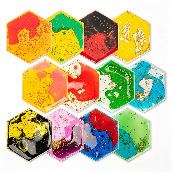CYFW Hexagon Sensory Fidget Liquid Motion Tiles for Kids, Toddler, Teens - Interactive Soft Gel Liquid Play Mats for Home, Schools, Playrooms, Multi-Pack of 12 Tiles