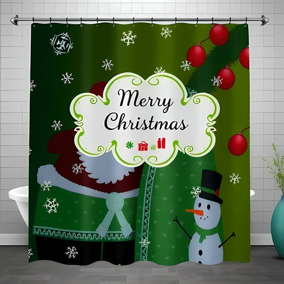 Festive Green Shower Curtain with Santa Claus Snowman and Merry Christmas Banner Holiday Decor
