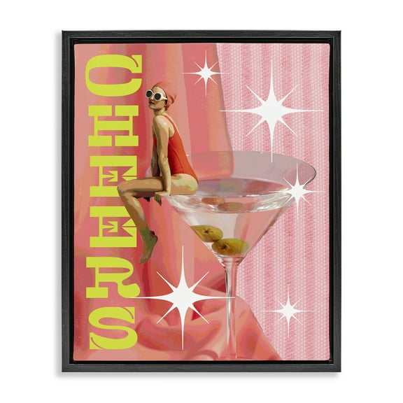 Stupell Industries Cheers Retro Drink & Swimmer Food & Beverage Painting Black Floater Framed Canvas Art Print Wall Art, 17 x 21