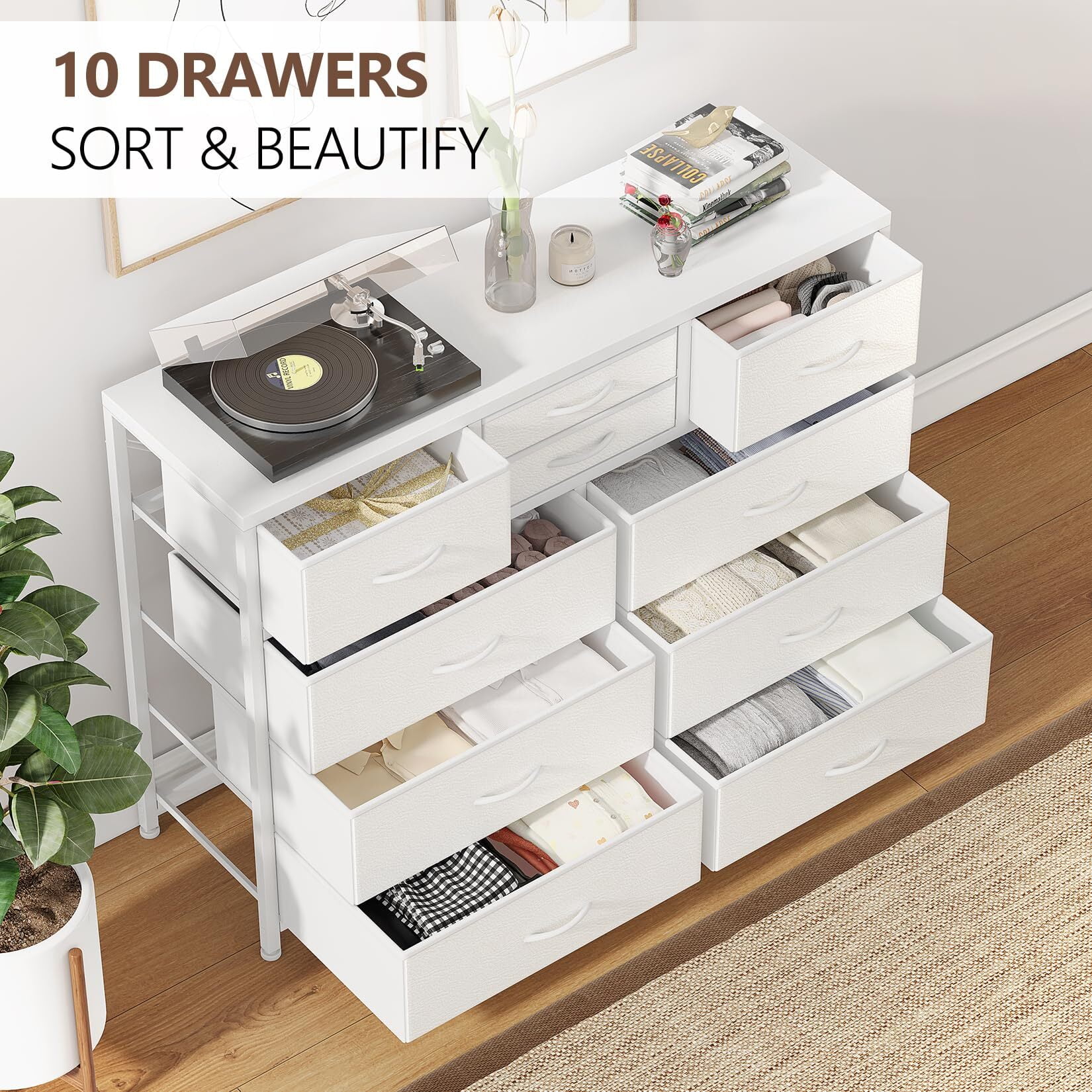 Emorefun TV Stand for 55 Inch TV, Entertainment Center with 10 Drawers for Living Room, Closet, Entryway, Hallway, White