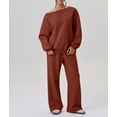 thumbnail image 5 of Women'S 2 Piece Outfits Off the Shoulder Crop Top Wide Leg Sweatpants Matching Lounge Sets Reddish-Brown XXL, 5 of 8