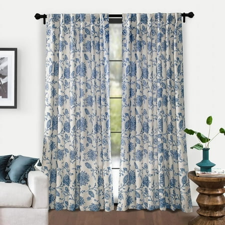 DriftAway Freda Jacobean Floral Linen Blend Lined Thermal Insulated Blackout Room Darkening Back Tabs Window Curtains 84 L x 52 W