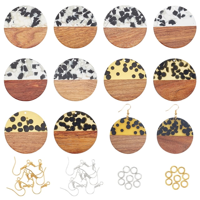 DIY Dangle Earring Making Kits Including Resin & Round with leopard Pattern Walnut Wood Pendants Brass Earring Hooks & Jump Rings Mixed Color 44pcs/box
