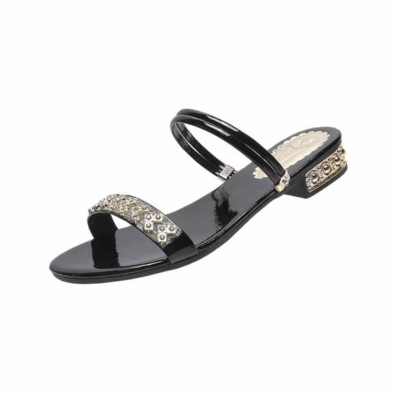 Black Ladies Open Toe Slippers Plus Size Round Toe Rhinestone Embellished Low Chunky Heel Casual Shoes Women