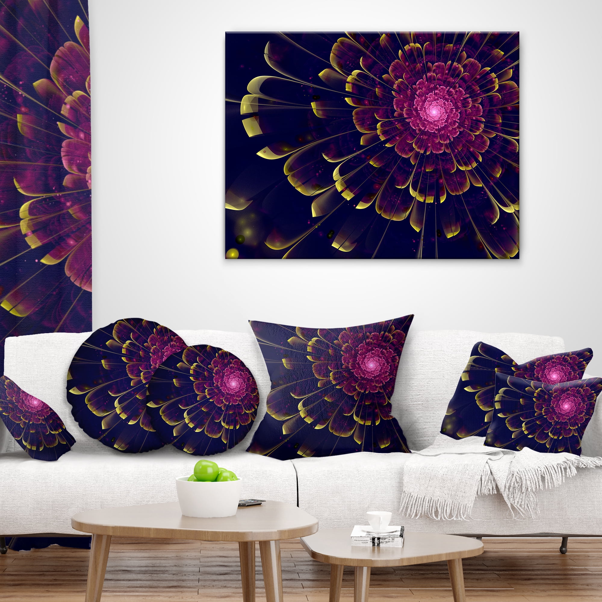 Designart Fractal Flower with Yellow Details - Floral Throw Pillow - 12x20