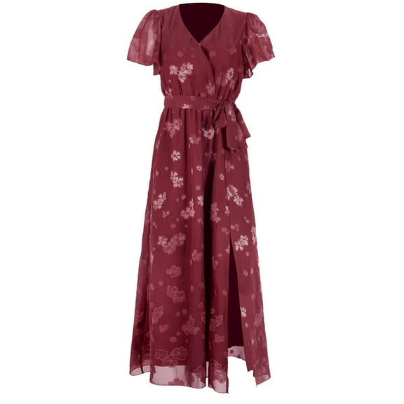 CBGELRT Women Summer Bohemian Floral Casual Dresses Wrap V Neck Ruffle Cap Sleeveless Belt A-Line Pleated Hem Swing Midi Dress Blue Flloral Beach Dresses