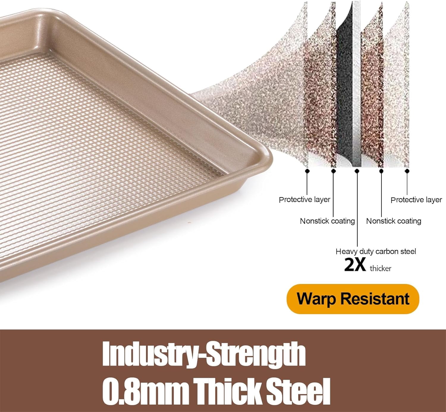 Cookie Sheets for Baking Nonstick, 2 Pack Heavy Duty 0.8mm Sheet Pan Set Quarter(9x13in) & Jelly Roll(10x15in) with Diamond Texture, Gold Commercial Grade, Small Oven Safe