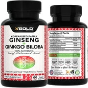 Korean Red Panax Ginseng 1200mg + Ginkgo Biloba - Extra Strength Root Extract Powder Supplement w/High Ginsenosides Vegan Capsules for Energy, Performance & Focus Pills for Men & Women