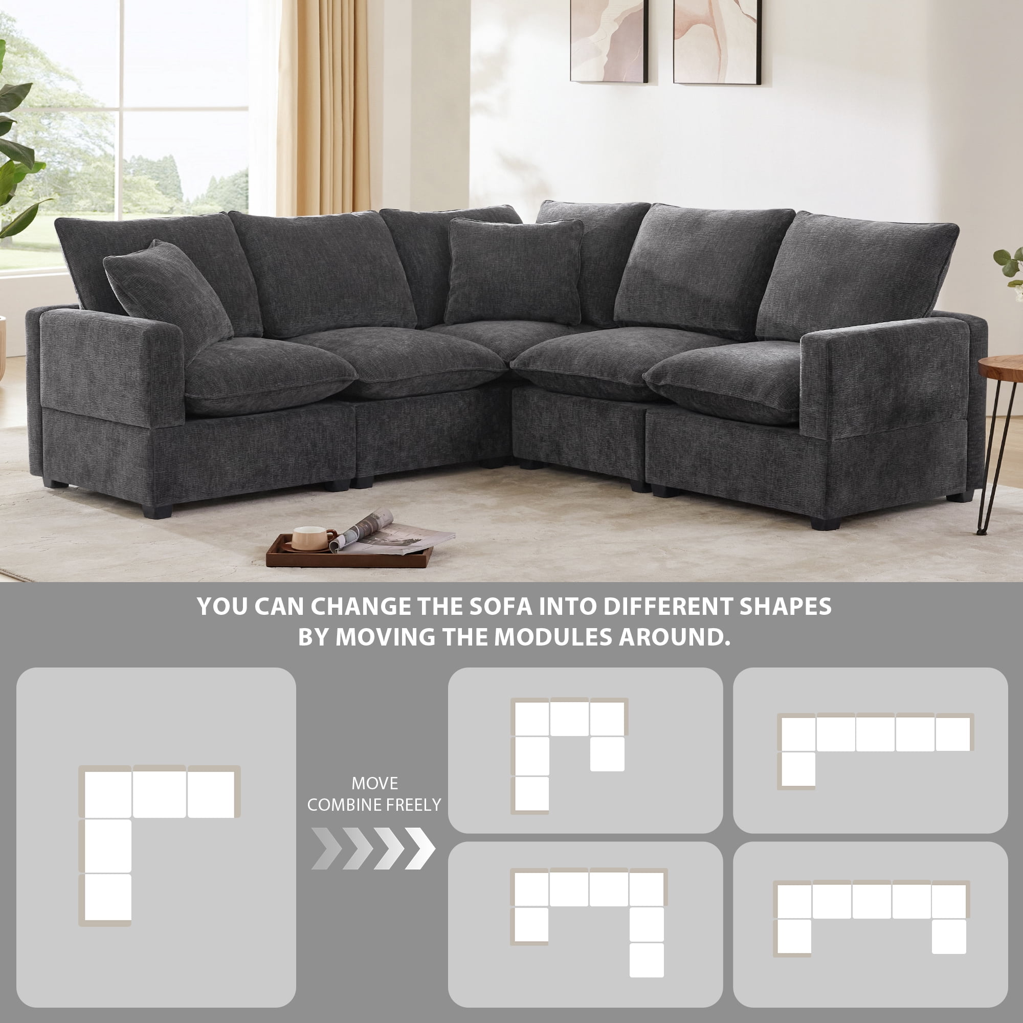 MAYEERTY 86x86" Modern L-Shaped Modular Sofa - 5-Seat Chenille Sectional with 2 Pillows, Freely Combinable for Living Room/Apartment/Office, 2 Colors