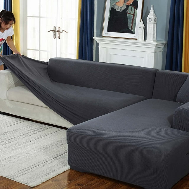 Housse de sofa en L Extensible et durable pour 1 2 3 4 Places (Gris Foncé, Forme en L : 4 Places + 3 Places)