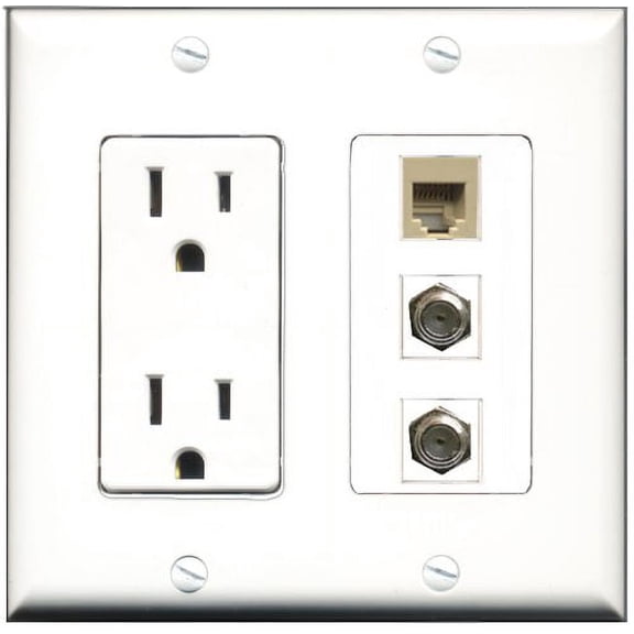RiteAV - 15 Amp Power Outlet 2 Port Coax 1 Port Phone Beige Decorative Wall Plate
