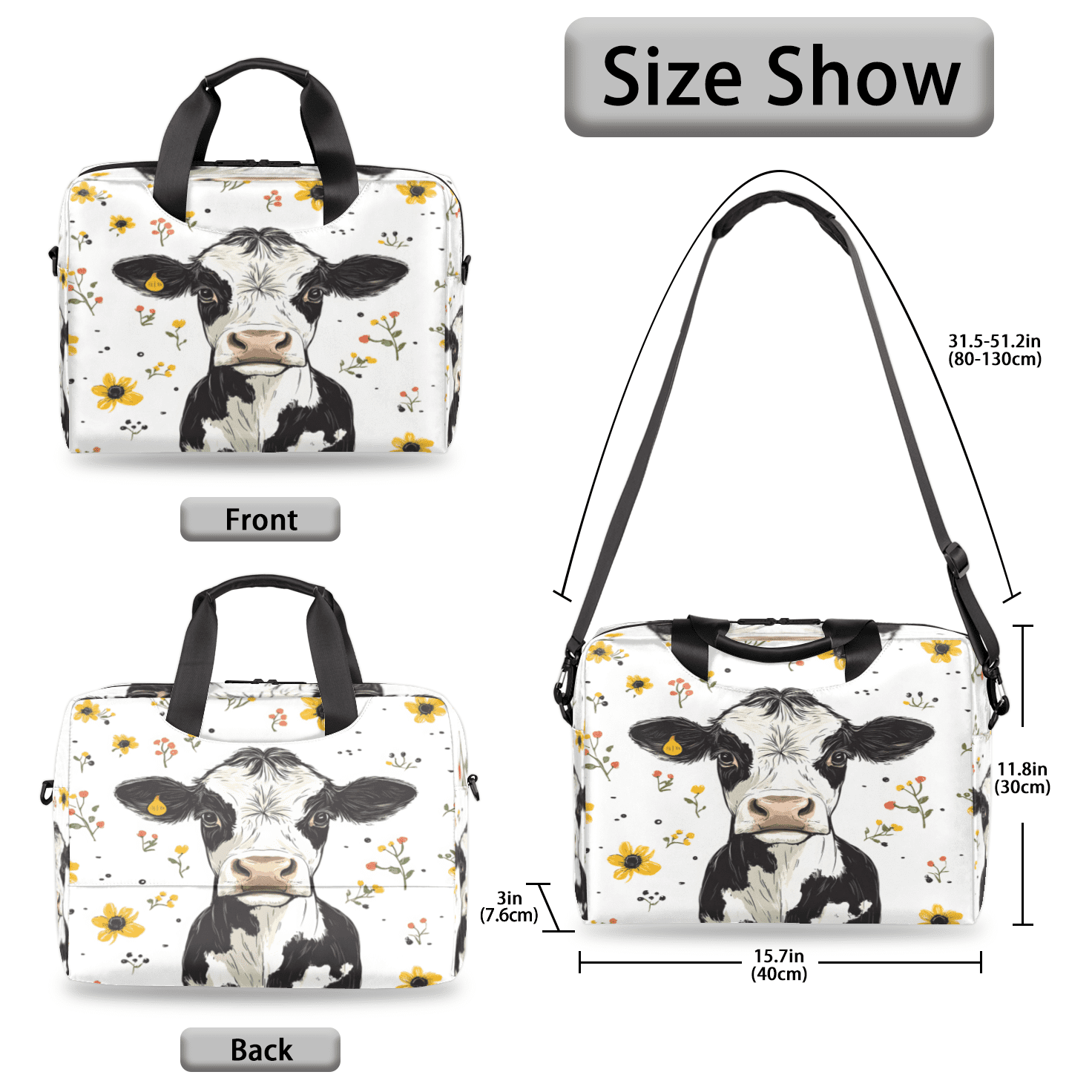 Herdesigns Cow Laptop Bag for Women Men, Computer Case Briefcase Messenger Bags, 15-15.6 inch Laptop Sleeve Shoulder Bag
