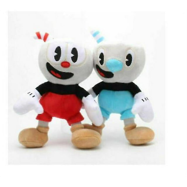 peluche cuphead & mugman mecup brocup de 10 pulgadas, 2 unidades, para niños 2 peluches de 10" que muestran a Cuphead (shorts rojos, nariz roja) y Mugman (shorts celeste, nariz celeste); hechos en felpa y algodón polipropileno con ojos y boca cosidos, postura de pie sobre fondo blanco. Adecuados como regalo infantil o para decorar habitación infantil.
