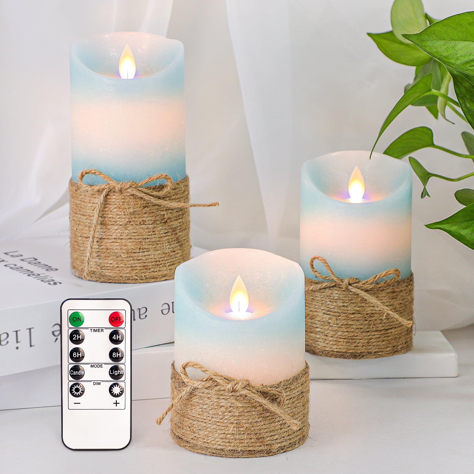 Meltone LED Flameless Candles Blue with Hemp Rope, 3PCS LED Pillar Candles Battery Operated with Remote