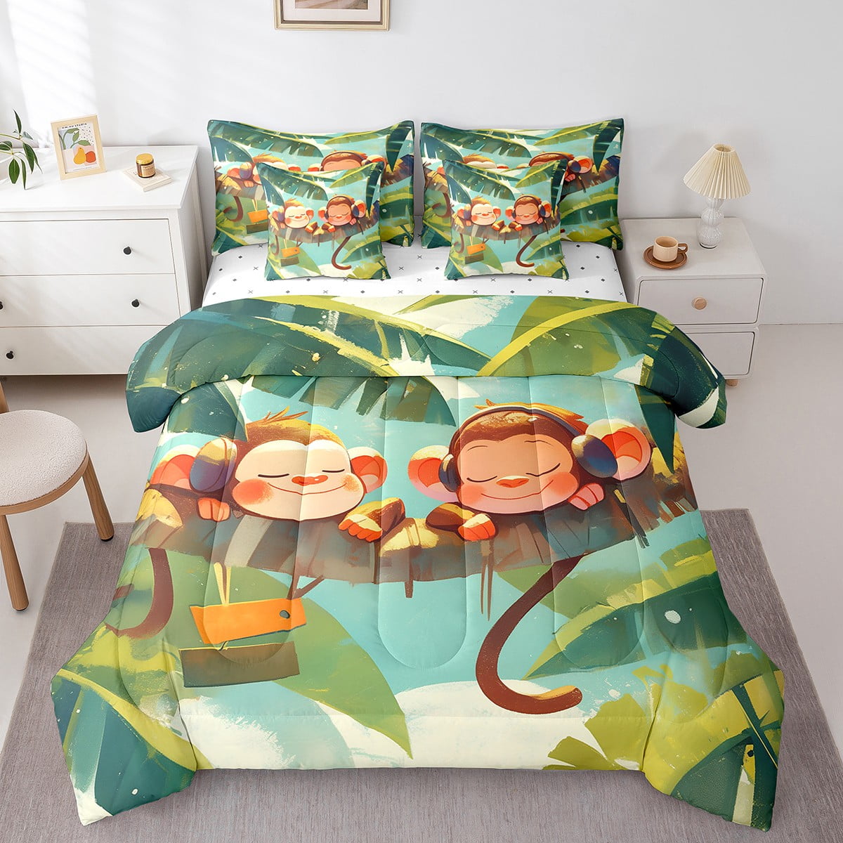 YST Monkey 7 Piece Comforter Set Queen Palm Tree Tropical Bed in a Bag with Flat Sheet and Fitted Sheet Wild Animals Wildlife Jungle Plants Bedding Set with Pillowcase Sham Green Brown Walmart