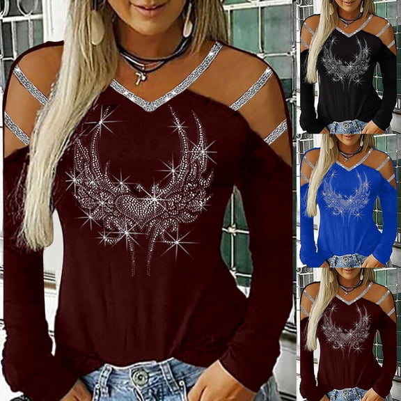 QHWAUAKFBN T Shirts For Women Trendy Neck Hollow-Out Studded Long Sleeve Tshirts Top