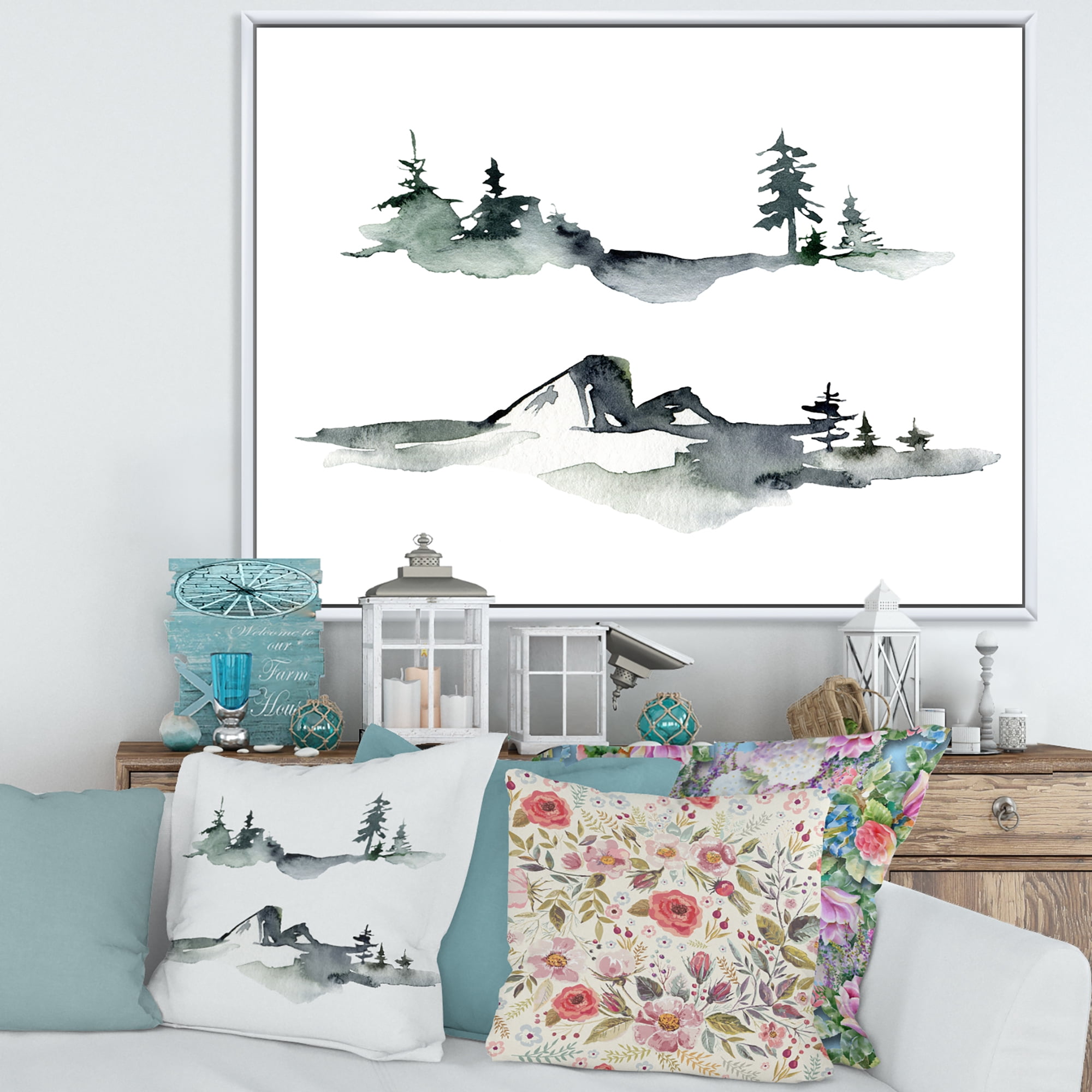 Designart 'Trees With Winter Dark Blue Mountain Landscape I' Modern Framed Canvas Wall Art Print