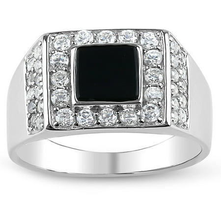 Forever New Square Onyx and Created White Sapphire Sterling Silver Men's Ring