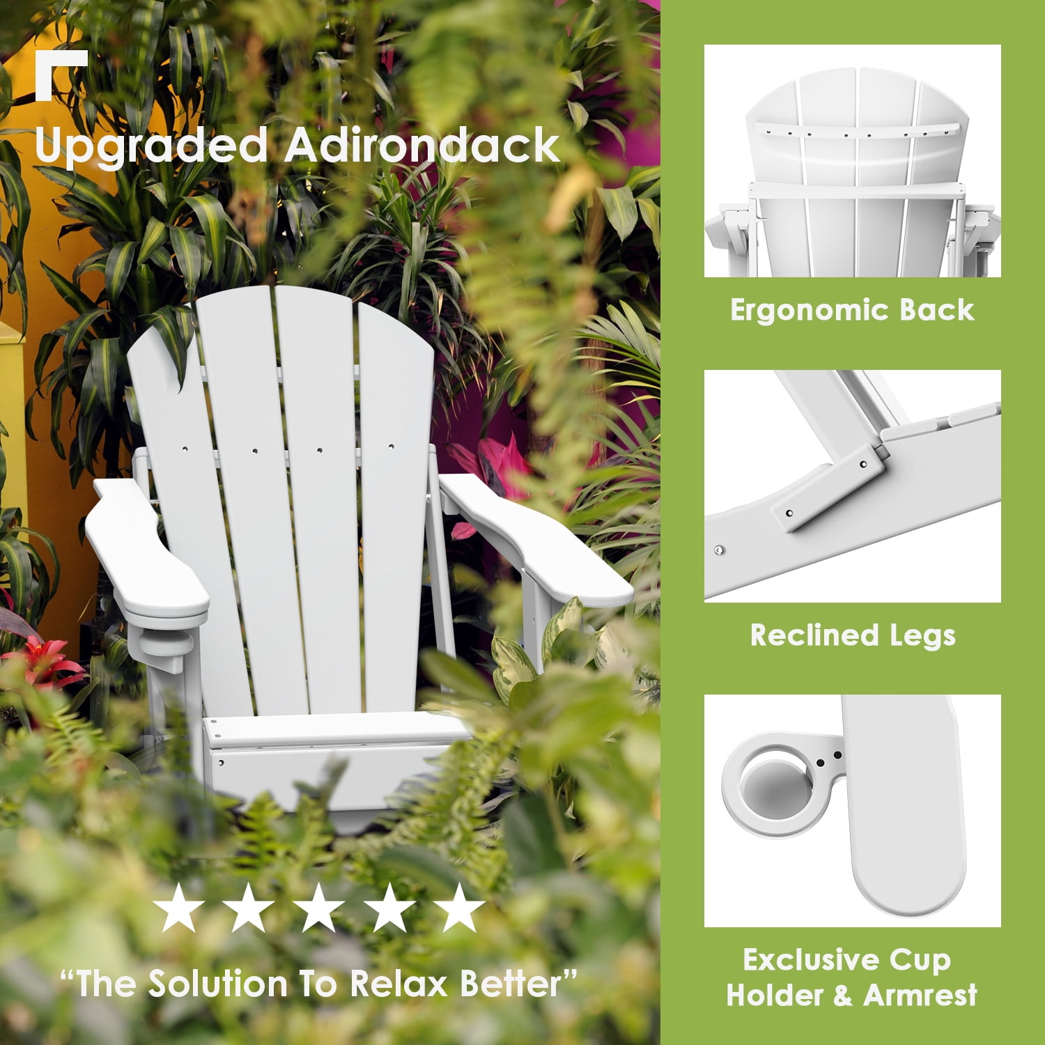 Folding Adirondack Chair HDPE Weather Resistant Patio Chairs w/Cup Holder for Fire Pit, Deck, Outdoor, White(Set of 2)