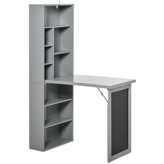 Foldable Wall Desk with Blackboard&Shelf - Space-Saving Home Office Workstation, Gray