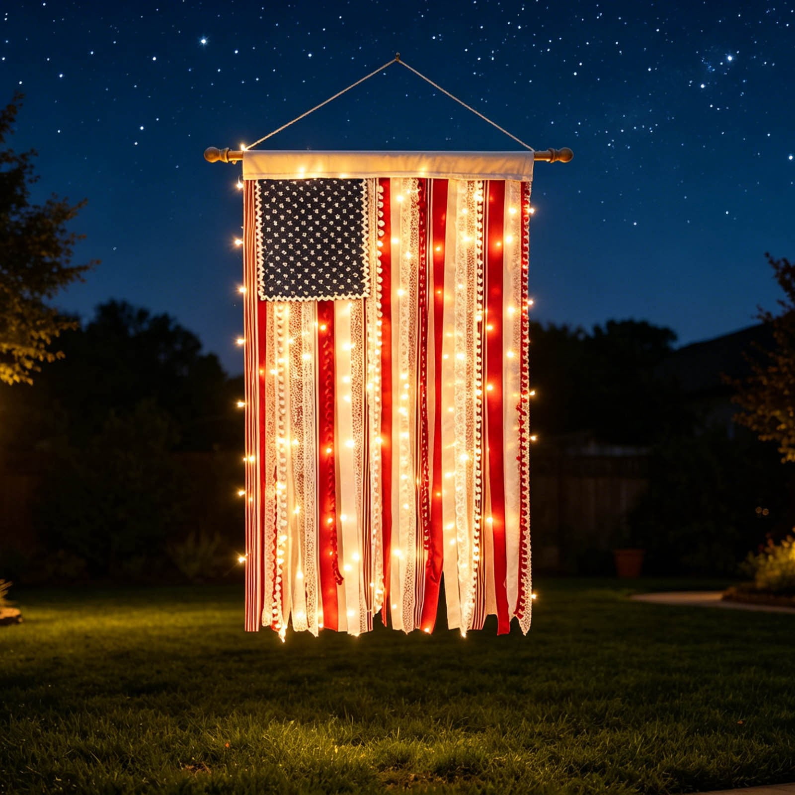 Lighted Rag American Flag Banner, 27×50in Independence Day Fringed Drapery Blue Star Flag, 1776 Decorative Hanging String Lights Flag, for Outdoor Garden Yard Home Party Decoration