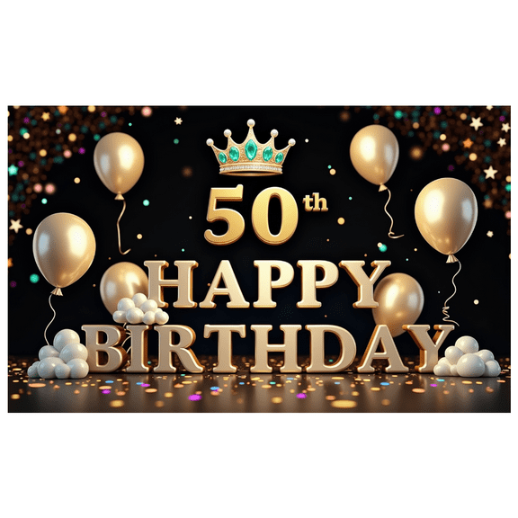Golden Theme Happy Birthday Banner Crown Design 50th Celebration Balloon Decorations for Birthday Party Milestone Celebration Indoor Decoration