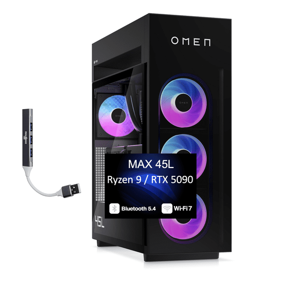 HP OMEN MAX 45L Gaming Desktop PC (AMD Ryzen 9 9900X3D, NVIDIA GeForce RTX 5090 32GB GDDR7, 64GB DDR5, 8TB PCIe SSD, RGB Fans, 360mm AIO, 1200W PSU, WiFi 7, Win 11 Pro) w/DKZ USB Port Expander