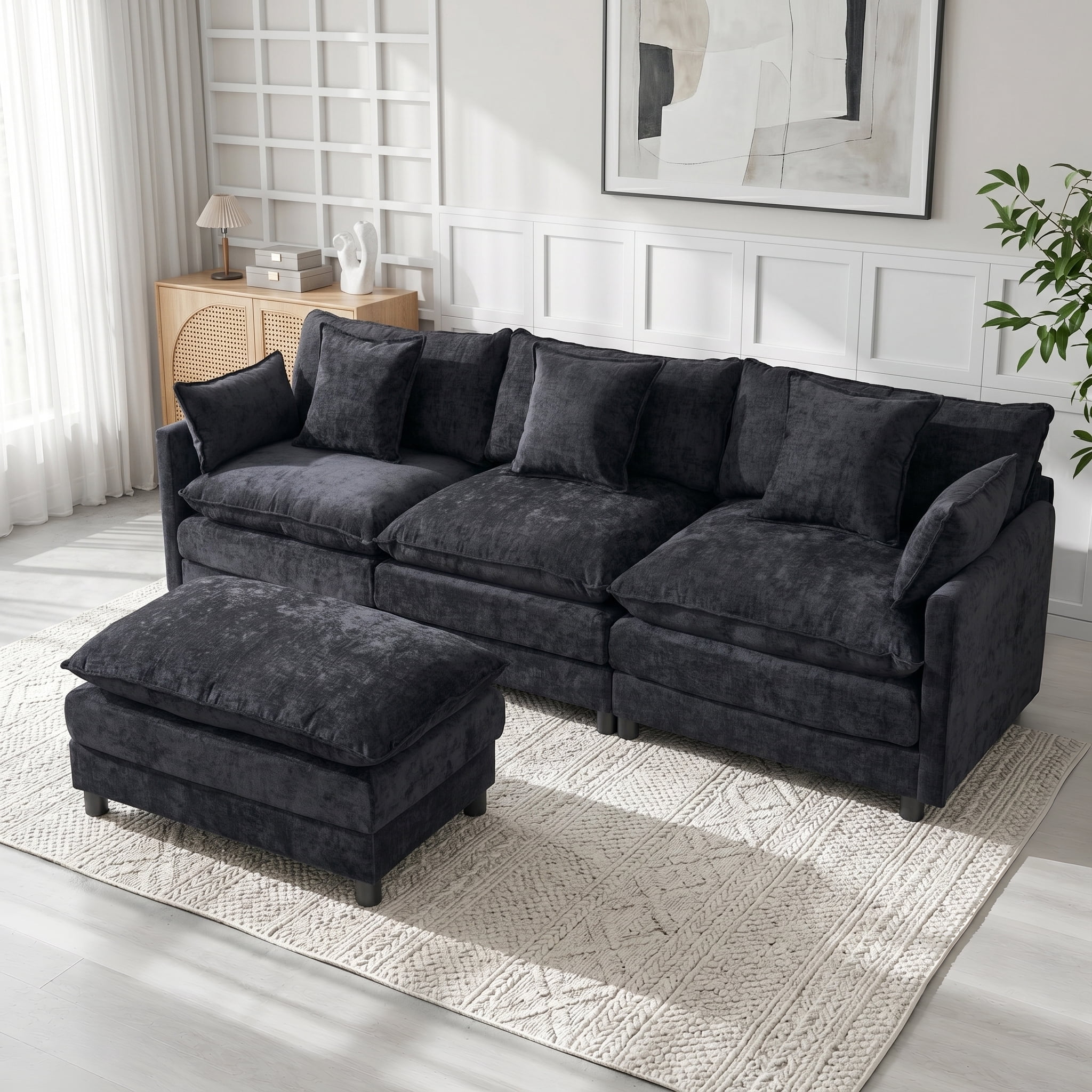 AISWORD 120" L Shaped Modular Sectional Sofa, Cloud Couch with Movable Ottoman, 4 Seat Chenille Deep Seat Sofa with Throw Pillows for Living Room, Black