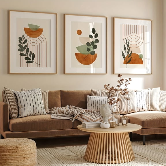 Bohemian Style Plant Wall Decor Print Set of 3, Plant Print Trio. Mid-Century Wall Decor, Bohemian Style Bedroom Decoration, Sage Green Art, Terracotta Geometric Abstract Wall Decor, Frameless