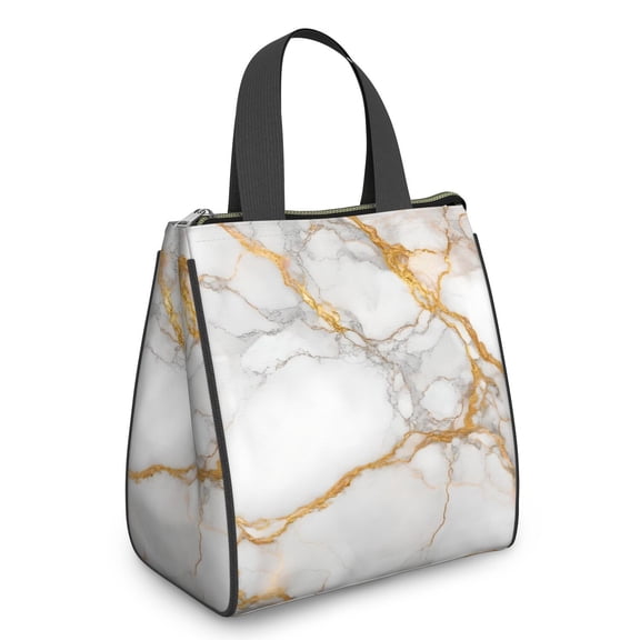White and Gold Marble Pattern Insulated Lunch Bag for Women Men, Large Portable Soft Cooler Tote, Thermal Food Storage Bag with Pearl Cotton, 8.66L, 8.75"x5.75"x9.5"