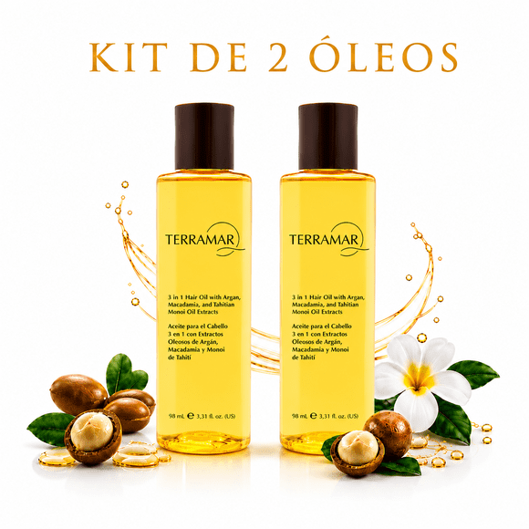 Kit de 2 Óleos para el Cabello Terramar Nutre, Repara y Protege con Extractos Oleosos de Argán, Macadamia y Monoi de Tahití 98 ml