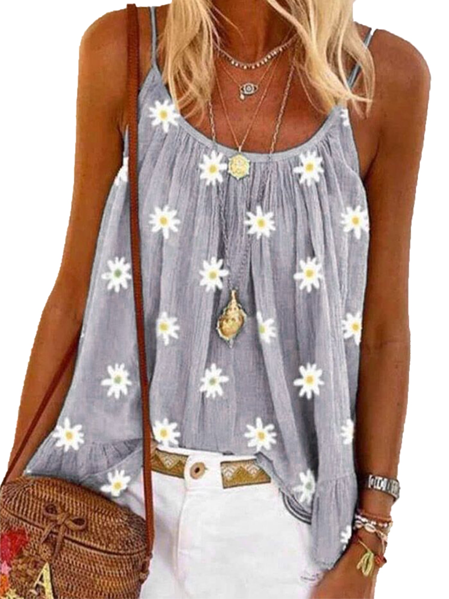 Boho Casual Tops Sleeveless Blouse for Women Floral Print T-Shirt ...