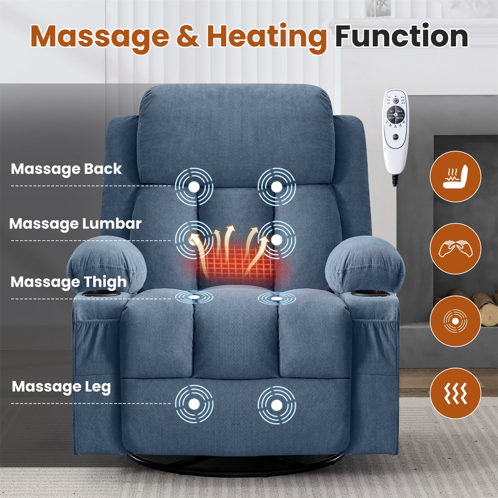 Alvantor Swivel Recliner Chair with Massage & Heat for Adults, Single Rocker Sofa with Cup Holders for Bedroom Home Theater Blue