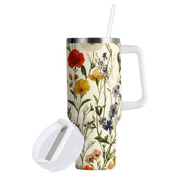 Yayeee 40oz Stainless Steel Tumbler with Straw and Handle Double-Wall Insulated Travel Water Bottle, Beige Floral