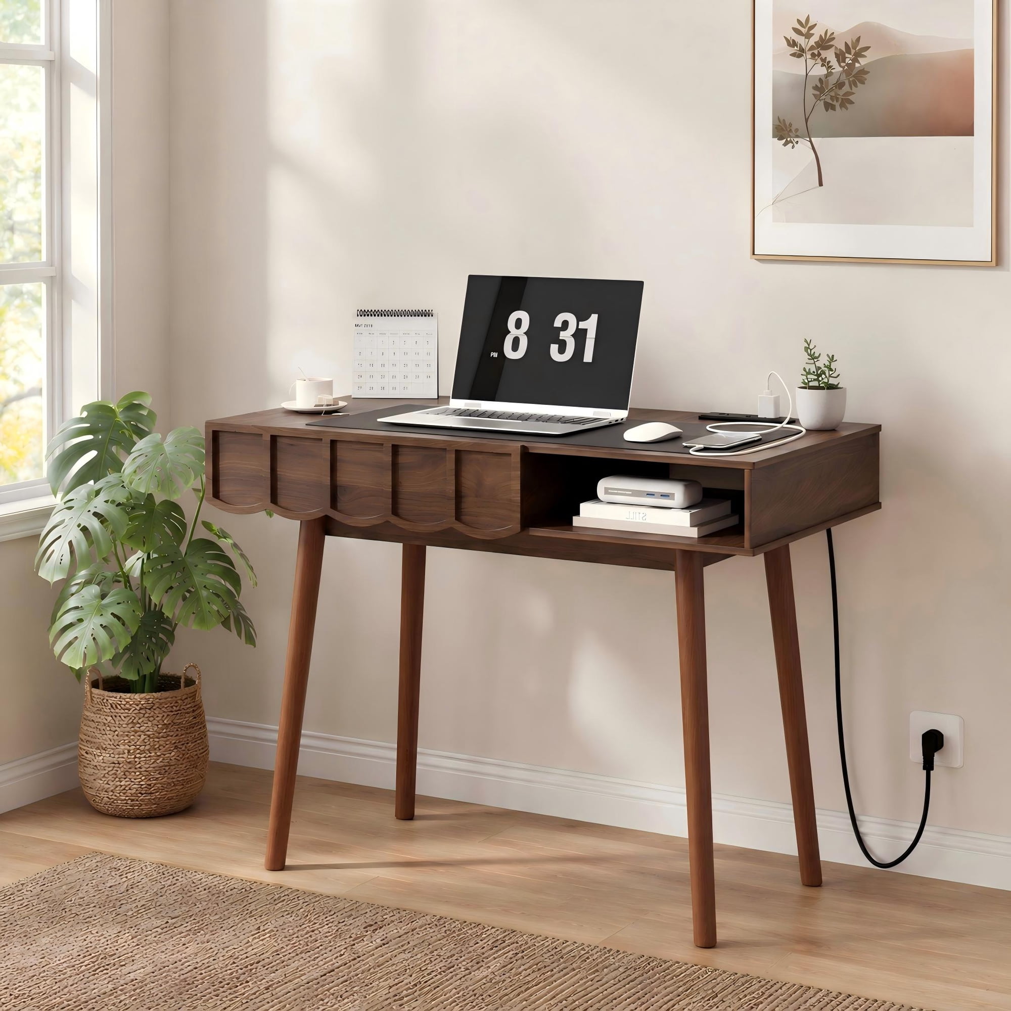 Mid-Century Modern Wood Writing Desk with Built-in Power Strip, Spacious Legroom Design, Storage Drawer & Open Shelf, Ideal for Home Office and Study Room