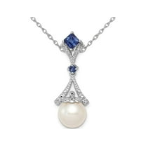 3/10 Carat (Ctw) Lab Created Blue Sapphire and 8mm Freshwater Cultured Pearl Pendant Necklace in Sterling Silver with Chain