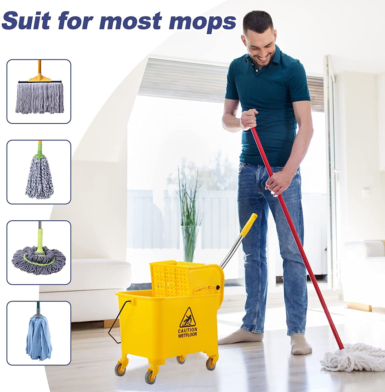 MATTHEW CLEANING Commercial Mop Bucket INCL.2 Pack Mop Head with Side Press  Wringer On Wheels,Heavy Duty Tandem Portable Floor Cleaning