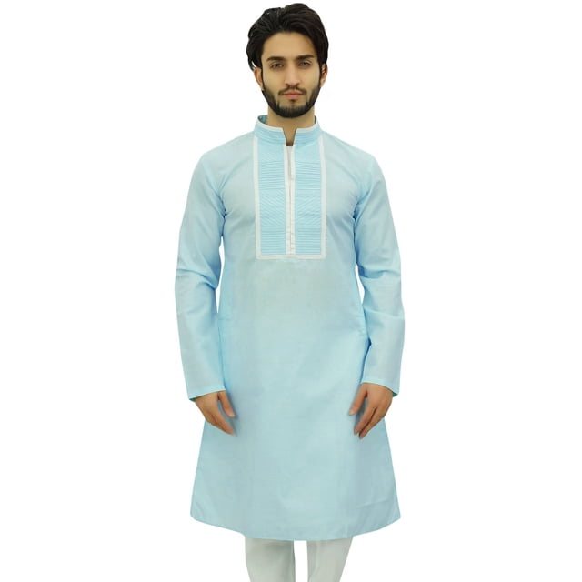 Atasi Chemise Tunique Décontractée en Coton Col Mandarin Bleu pour Hommes - Très Grand