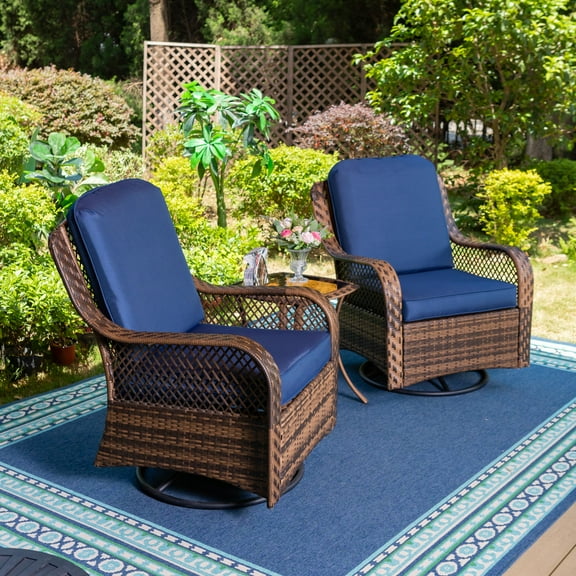 Sophia & William Outdoor 3pcs Rattan Swivel Rocking Chairs Patio Conversation Bistro Set, Blue