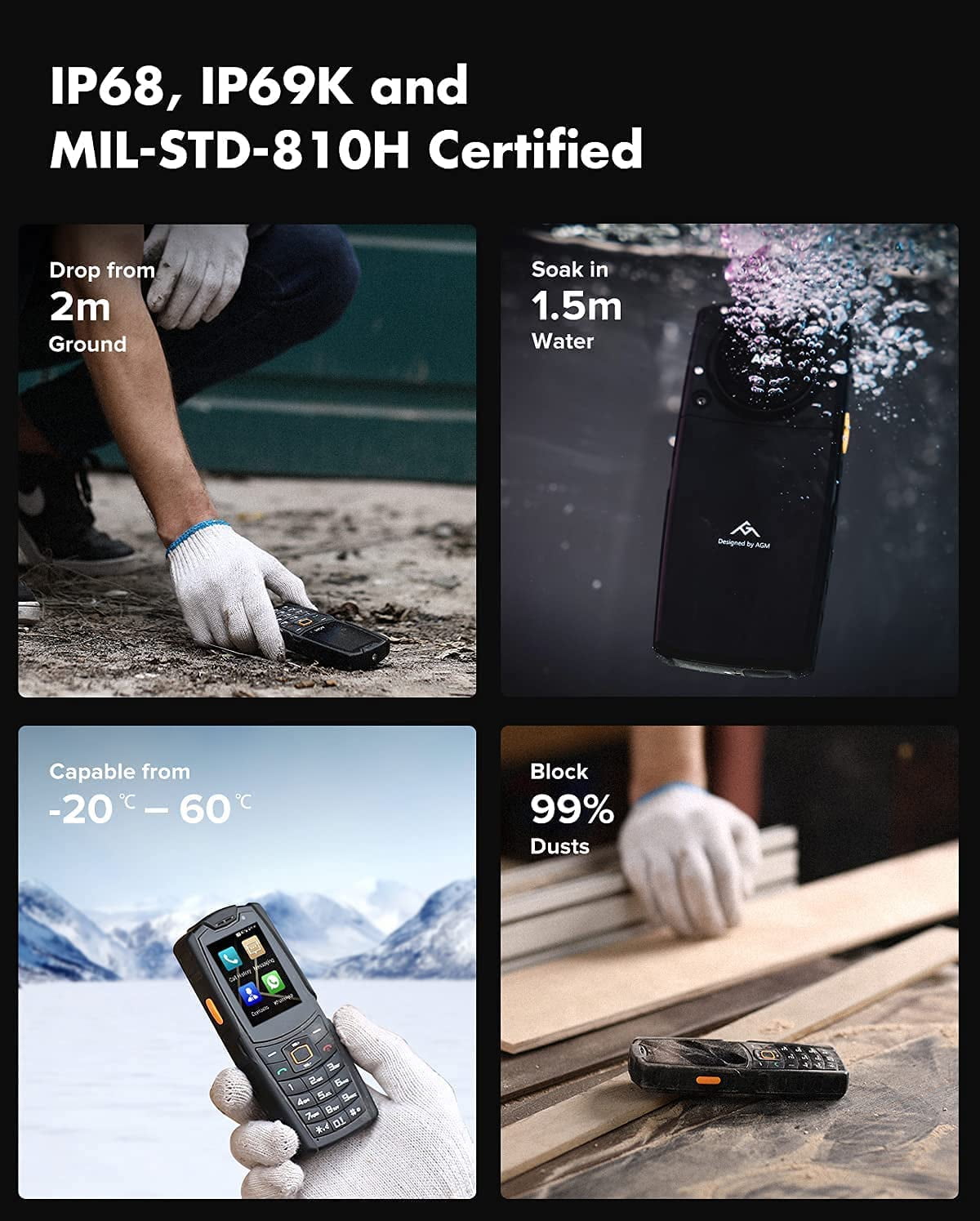 AGM M7 Cell Phone Unlocked Rugged Phone IP68 Waterproof Outdoor Phone, 2500mAh Battery 4G for Seniors Dual SIM Biggest Speaker 2.4" Touch Screen 1GB+8GB Facebook/Skype/TikTok