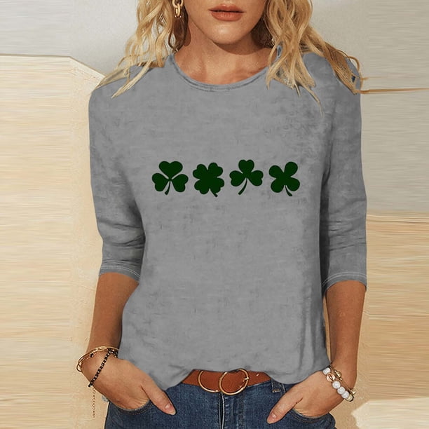 TaTaai St. Patrick's Day Women Fashion Printed 3/4 Sleeve Tops Casual Round Neck Loose Fit Blouses Soft Stretchy Breathable Spring Winter Daily Wear Gift