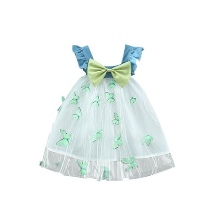 

Infant Baby Girls Denim Tulle Princess Dress Sleeveless Bowknot Butterfly Patchwork A-line Dress